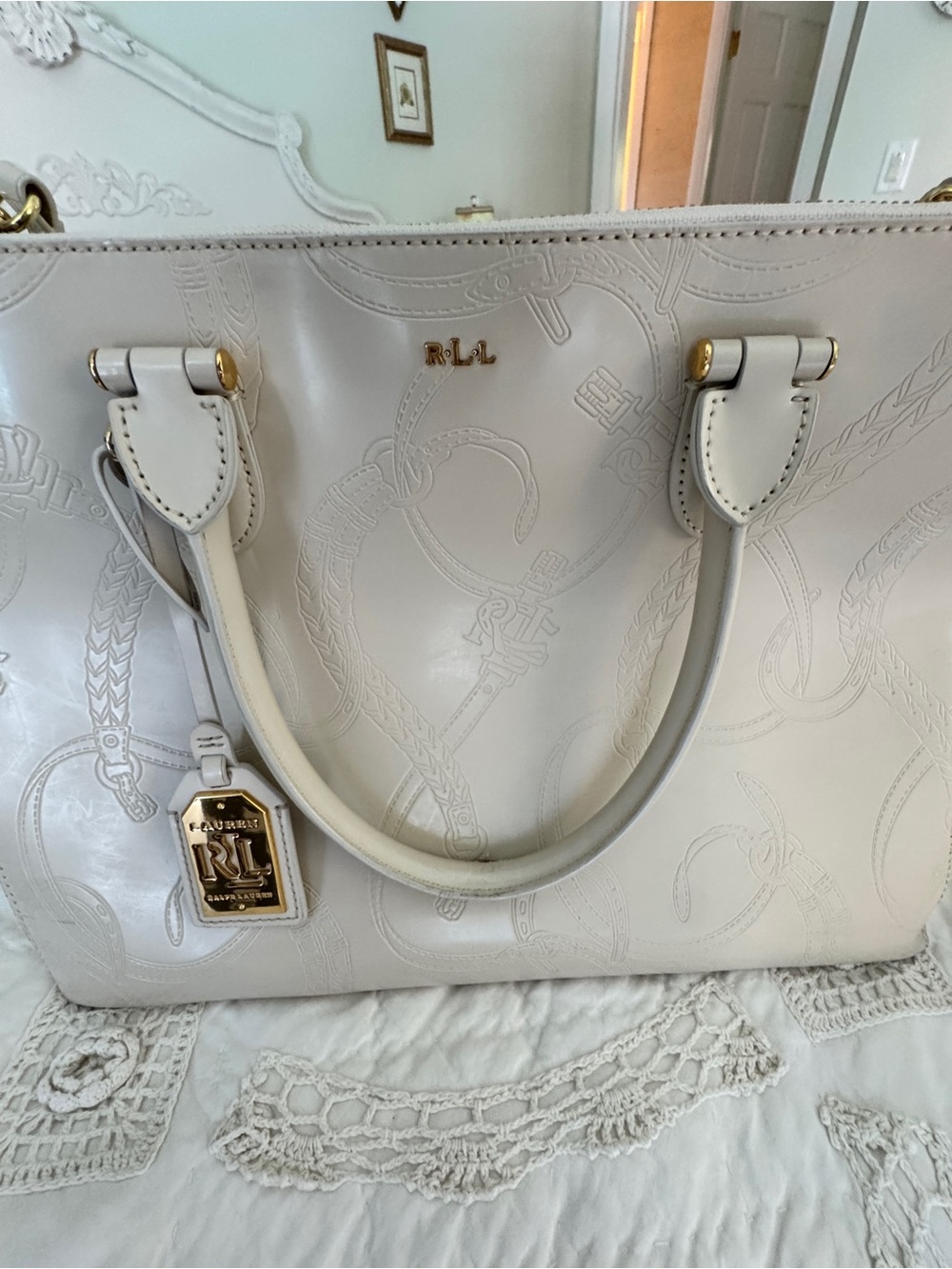 Ralph Lauren “Taylor, Belti Double-Zip Embossed Leather Satchel” in Ivory - Picture 5 of 17